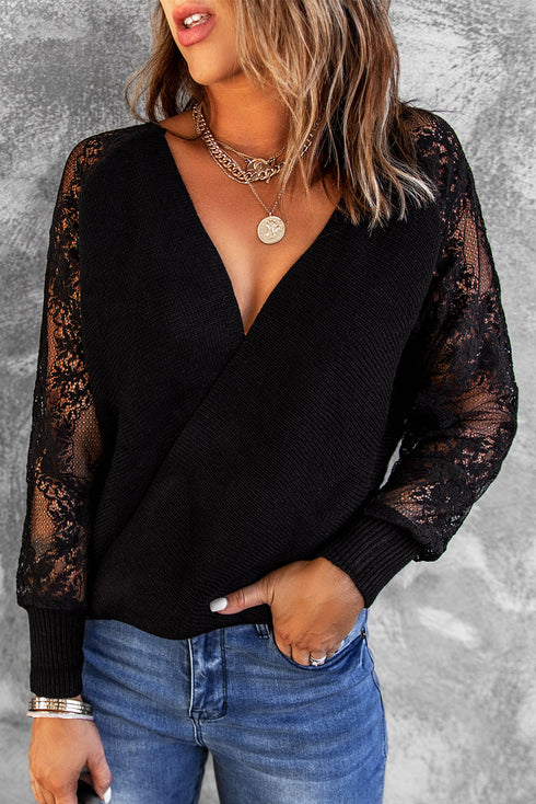 Sexy V Neck Surplice Hollow-Out Sweater With Lace Sleeves
